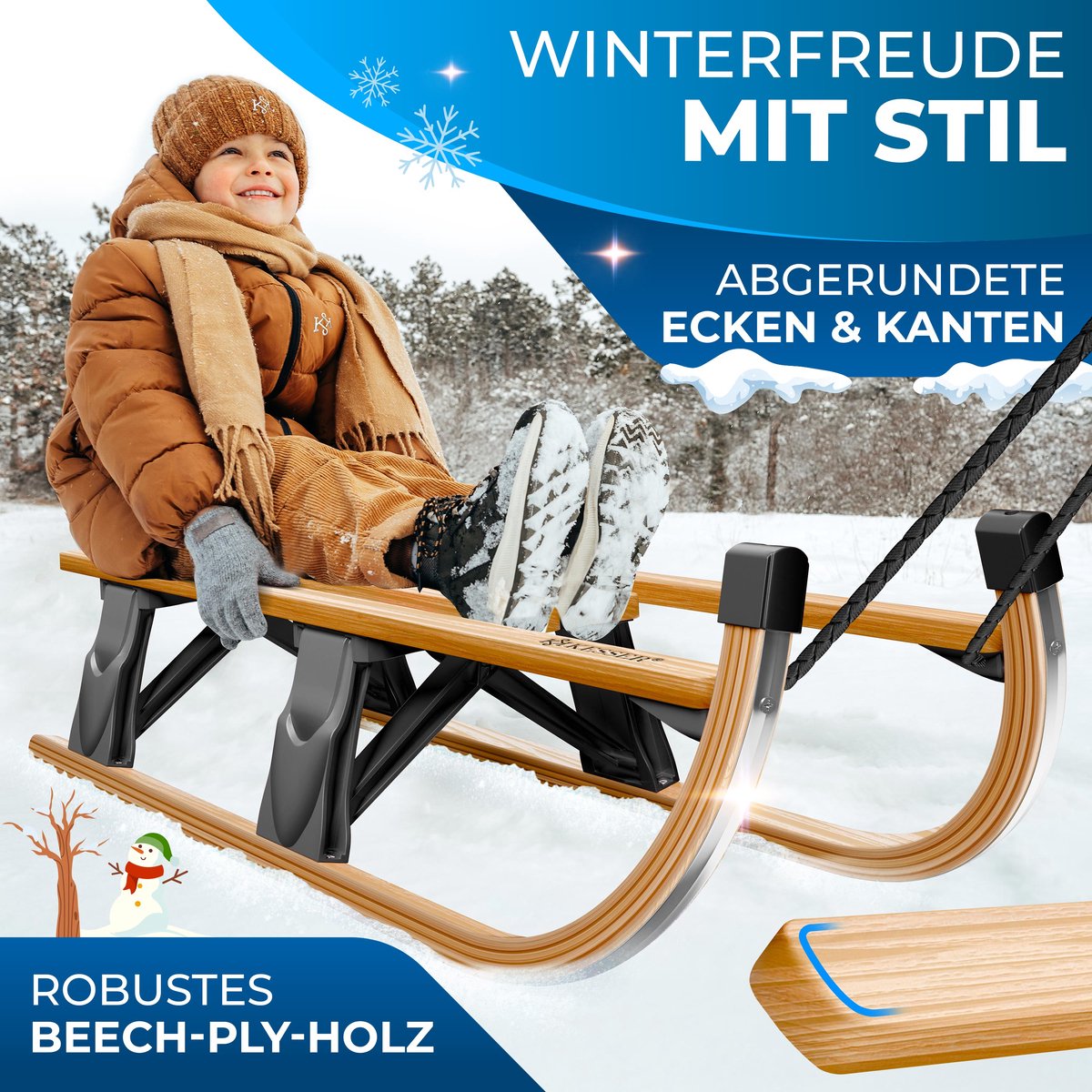 KESSER® Houten slee Premium slee Opvouwbare kinderslee van beukenhout incl. trektouw Slider Metalen lopers - Houten slee, Zwart