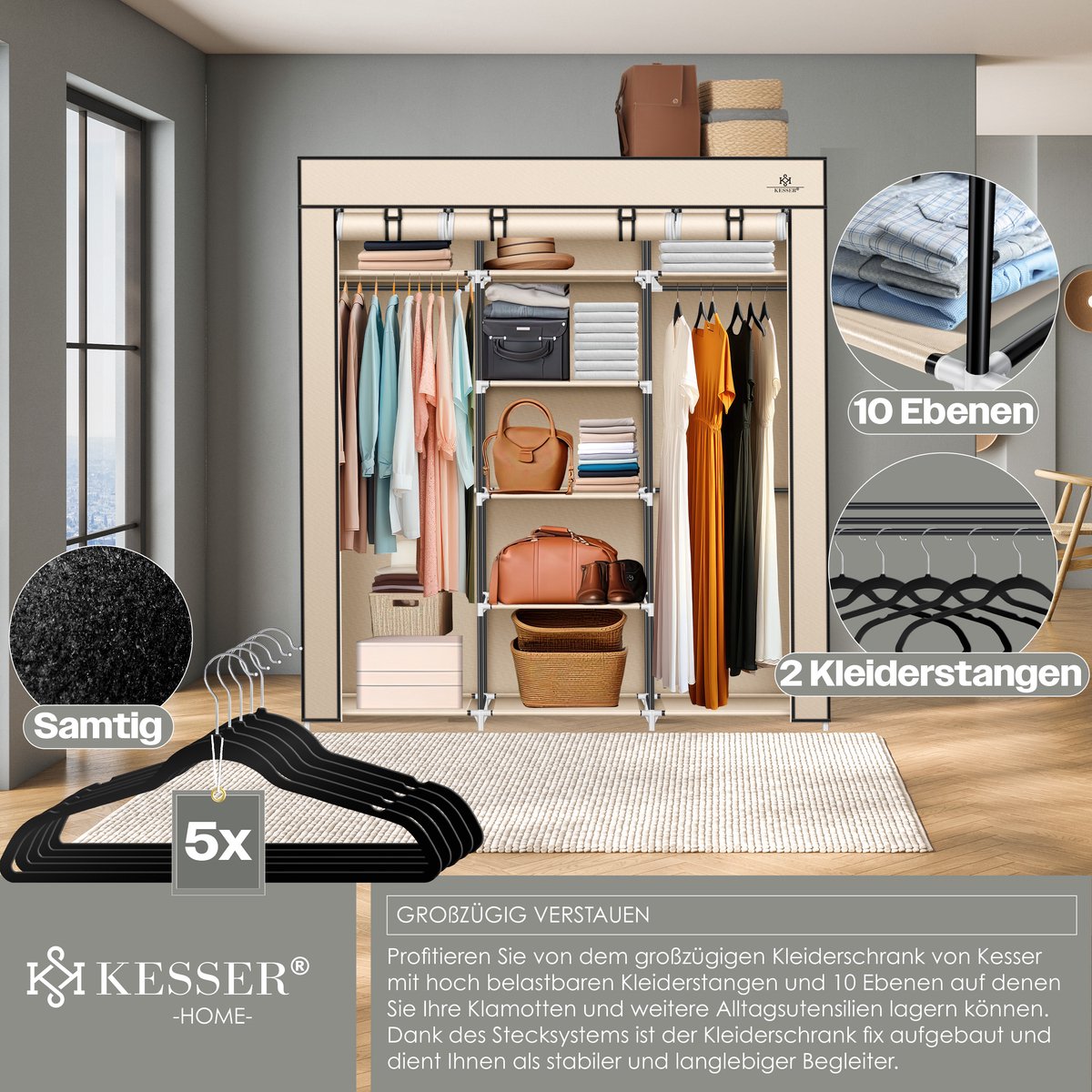 KESSER® Kledingkast in Stof en Metaal 150x45x175cm - opvouwbaare Garderobekast Stabiel met Kledingstang & Planken, Inclusief 5x Kledinghangers Kleerkast - Legplank Kast voor Slaapkamer met Kledingrek - Beige