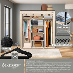 KESSER® Kledingkast in Stof en Metaal 150x45x175cm - opvouwbaare Garderobekast Stabiel met Kledingstang & Planken, Inclusief 5x Kledinghangers Kleerkast - Legplank Kast voor Slaapkamer met Kledingrek - Beige