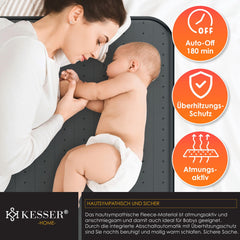 KESSER® Elektrische Onderdeken Warmtedeken met automatisch uitschakelende afstandsbediening | warmte deken met 3 temperatuurstanden | voor matrasverwarming | van zacht fleece - Antraciet zonder motief (150 cm x 80 cm)