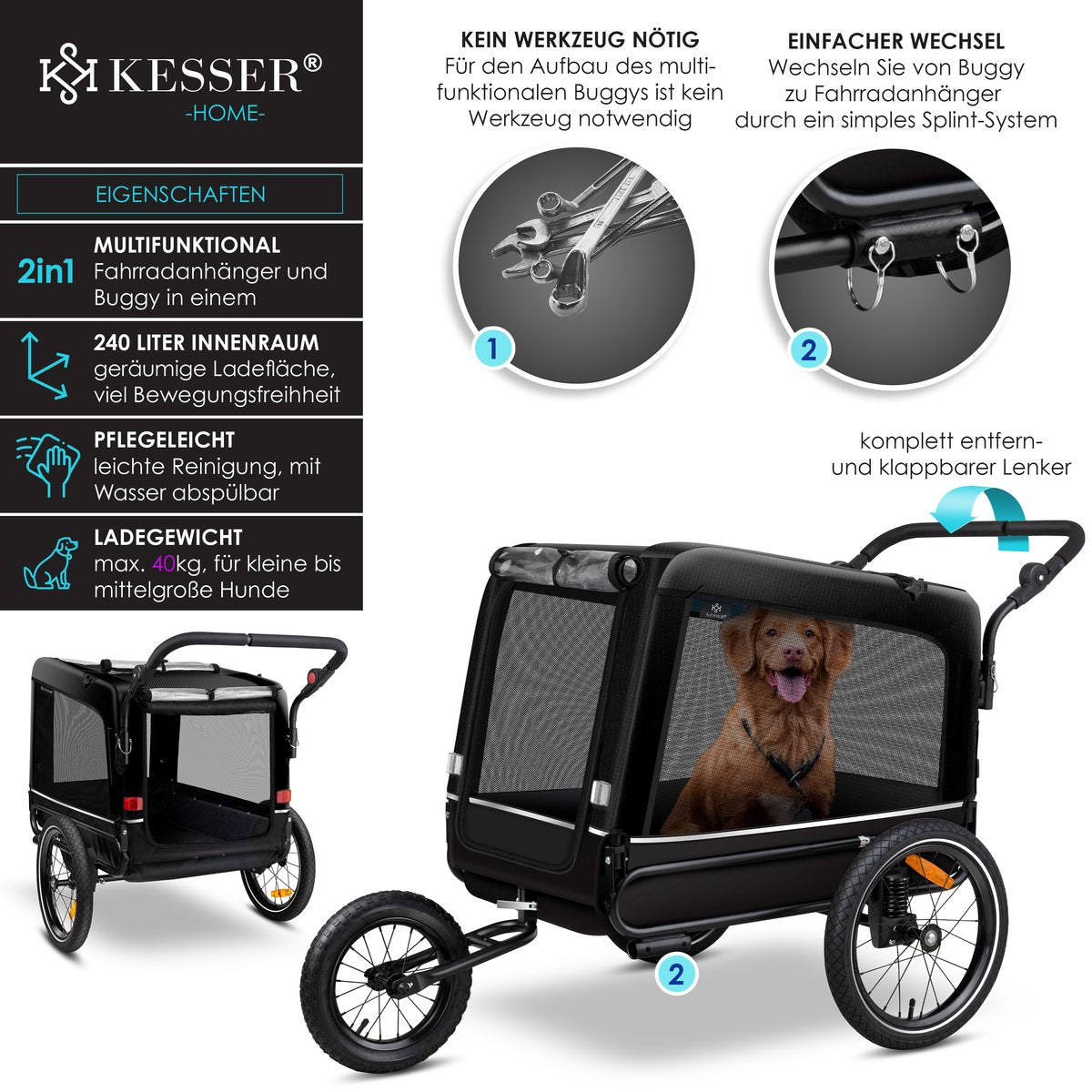 KESSER® Hondenfietskar tot 40 kg 3in1 Hondenbuggy - Fietskar Hond Jogger - Zwart