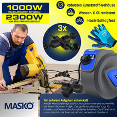 MASKO® Kabelhaspel 20 meter automatisch voor buiten met 3 stopcontacten Wandmontage 1,5m Aansluitkabel Inclusief Handschoenen - Blauw
