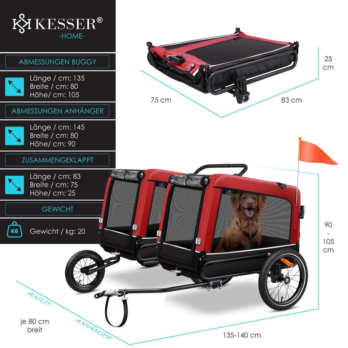 KESSER® Hondenfietskar tot 40 kg 3in1 Hondenbuggy - Fietskar Hond Jogger - Rood