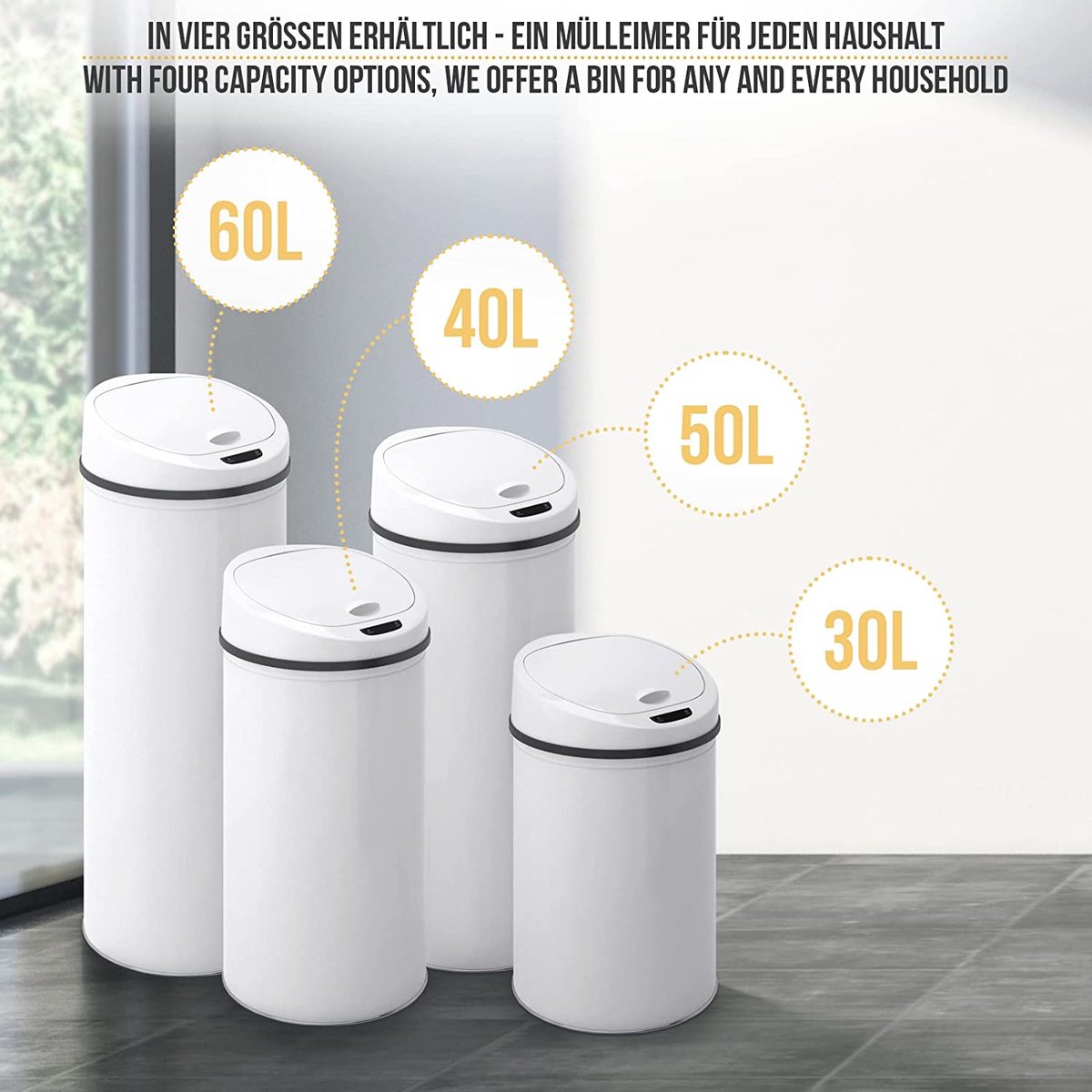 Jago- Vuilnisbak / Afvalbak met sensor - 50L - RVS - waterdicht met klemring - automatische prullenbak - Wit