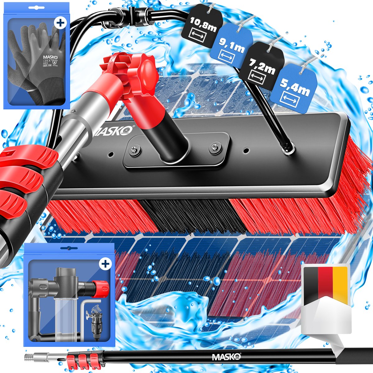 MASKO® Telescopische wasborstel - 5,4m - Incl. Wasborstel - Rood