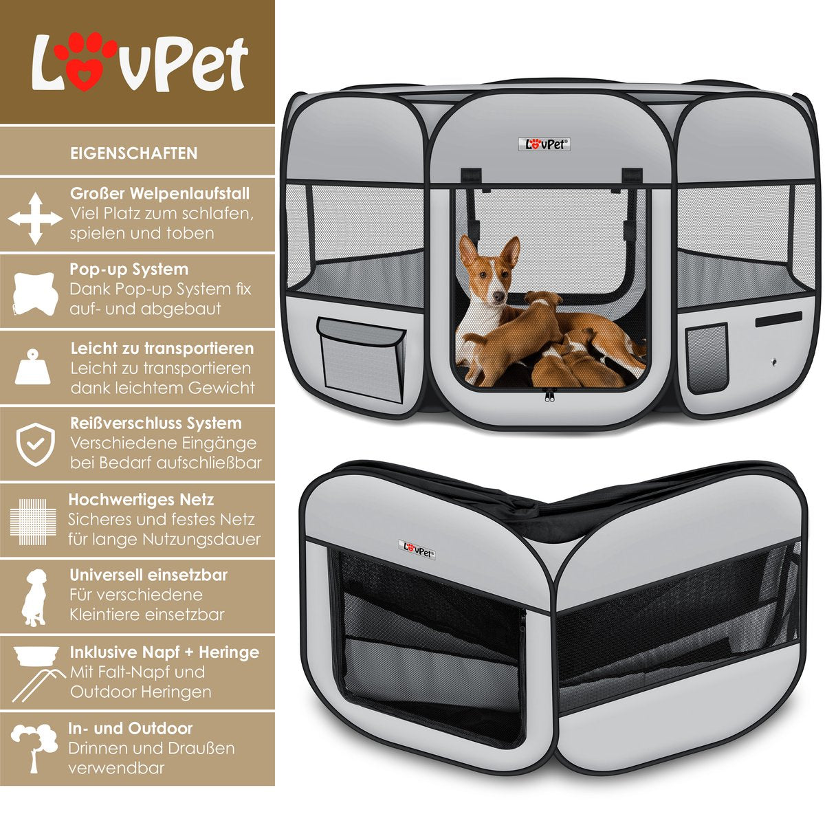 LOVPET® Puppyren voor Kleine Dieren Honden Katten - Opvouwbaar Hondenren inclusief kom en Haringen - Puppy Ren Pop-up Systeem Indoor & Outdoor Konijnenren - Lichtgrijs