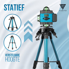 Vesto® 4D Kruislijnlaser - Zelfnivellerend Bouwlaser met 4-16 Lijnen - 360° Rotatie - Incl. Verstelbaar Statief - 50m Meetbereik - Inclusief Draagkoffer - Professionele Lijnlaser voor Bouw en Klussen