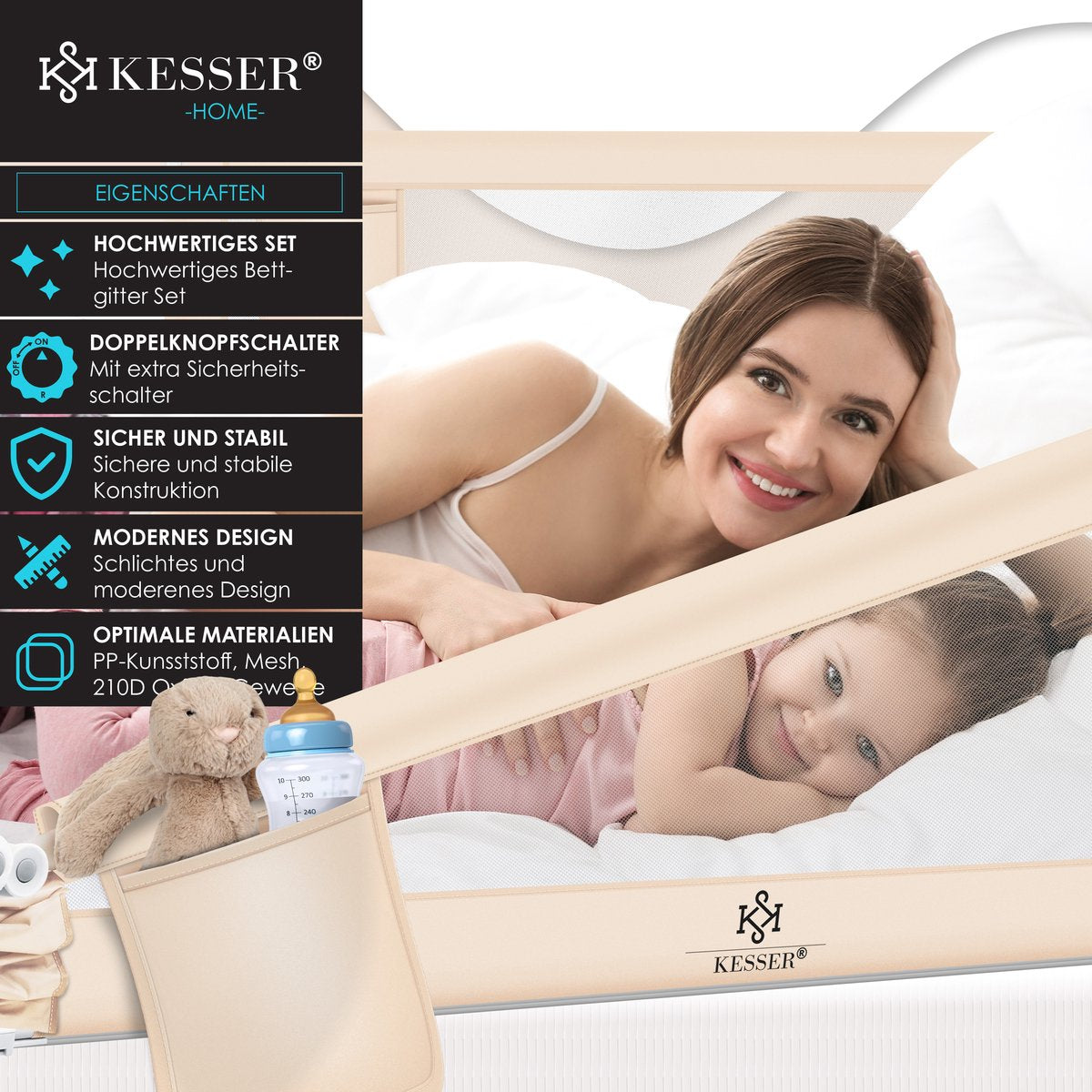KESSER® bedhekje - Bedhek Kinderbedhek voor kinderen Baby bedhek Valbeveiligingsbed voor Bed & boxspring - 180cm, Beige