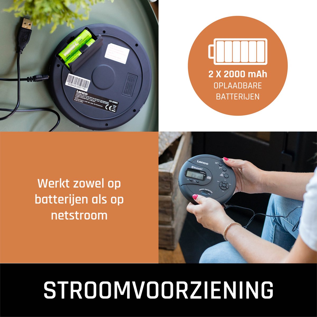 Lenco CD-300BK Discman - Draagbare Bluetooth CD en MP3 Speler - Anti-Shock Bescherming en oplaadbare Batterij - Zwart