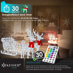 KESSER® Kerstverlichting 240 LED´s 2x Rendier met Slee - lichtslang met timer voor buiten en binnen - LED Lampjes Kerstversiering kerstdecoratie - Kleurrijk (RGB LED´s)