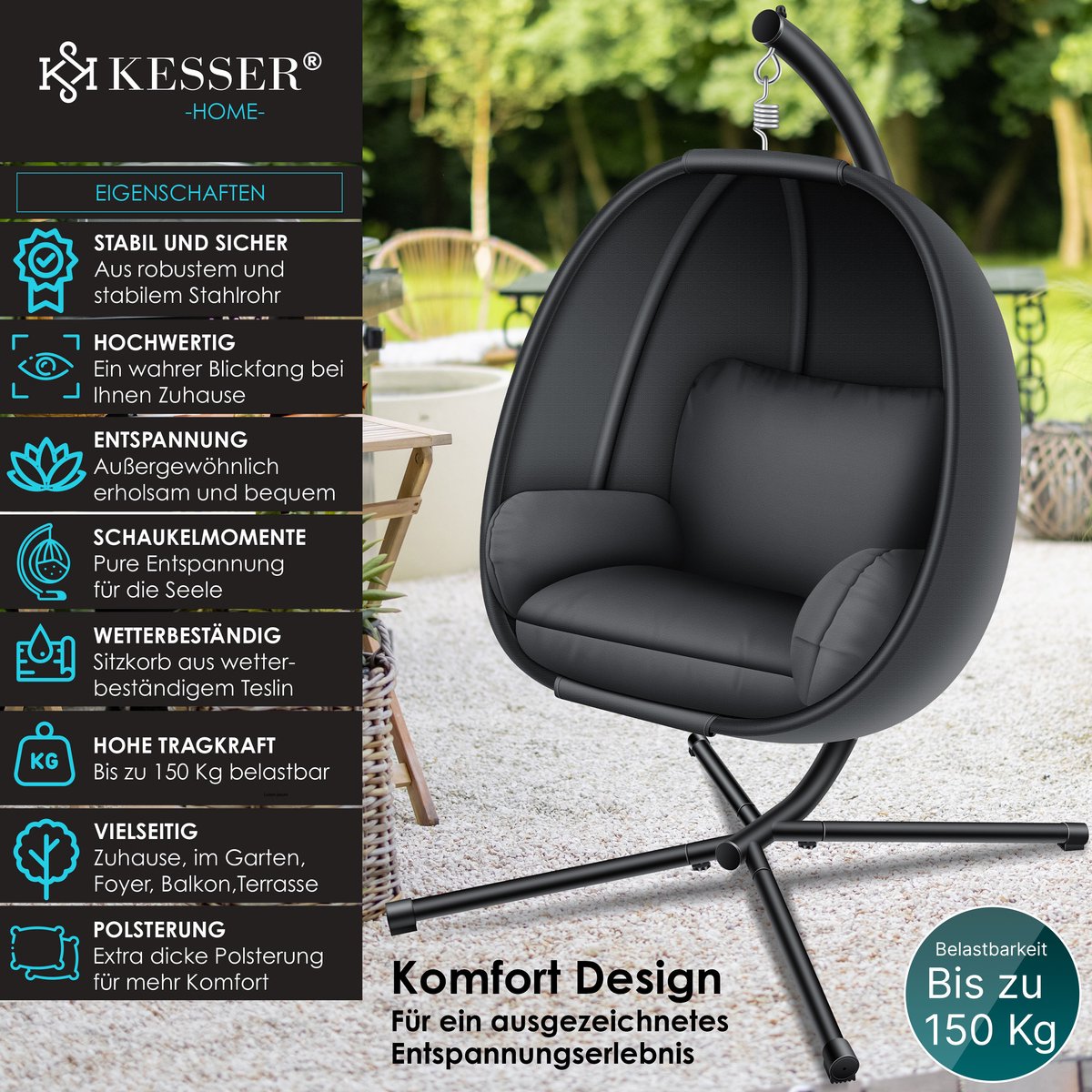 KESSER® Egg Hangstoel met Standaard - Tot 150kg - Antraciet