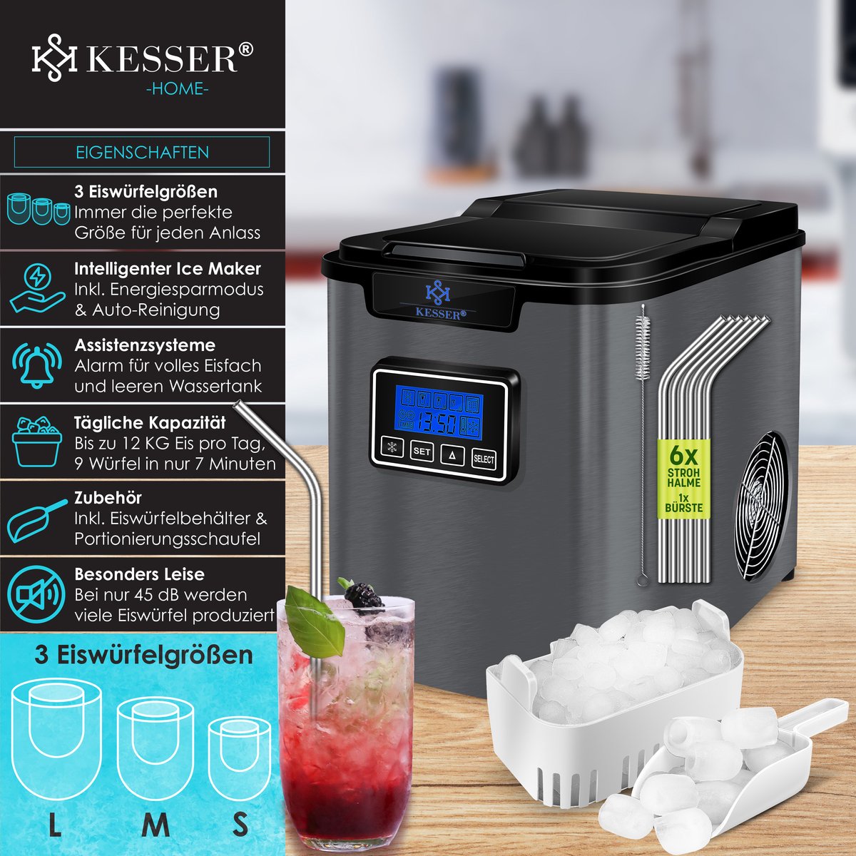 IJsblokjesmachine – 12kg/24 uur – IJsmachine - IJsblokjesmaker - Antraciet - KESSER®