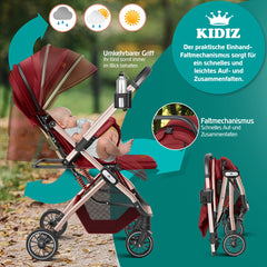 KIDIZ® Buggy 3 in 1 Kinderwagen Inklapbaar met voetenzak Baby Plooibuggy Wandelwagen inclusief Bekerhouder, regenhoes & klamboe Reisbuggy - Rood / Champagne