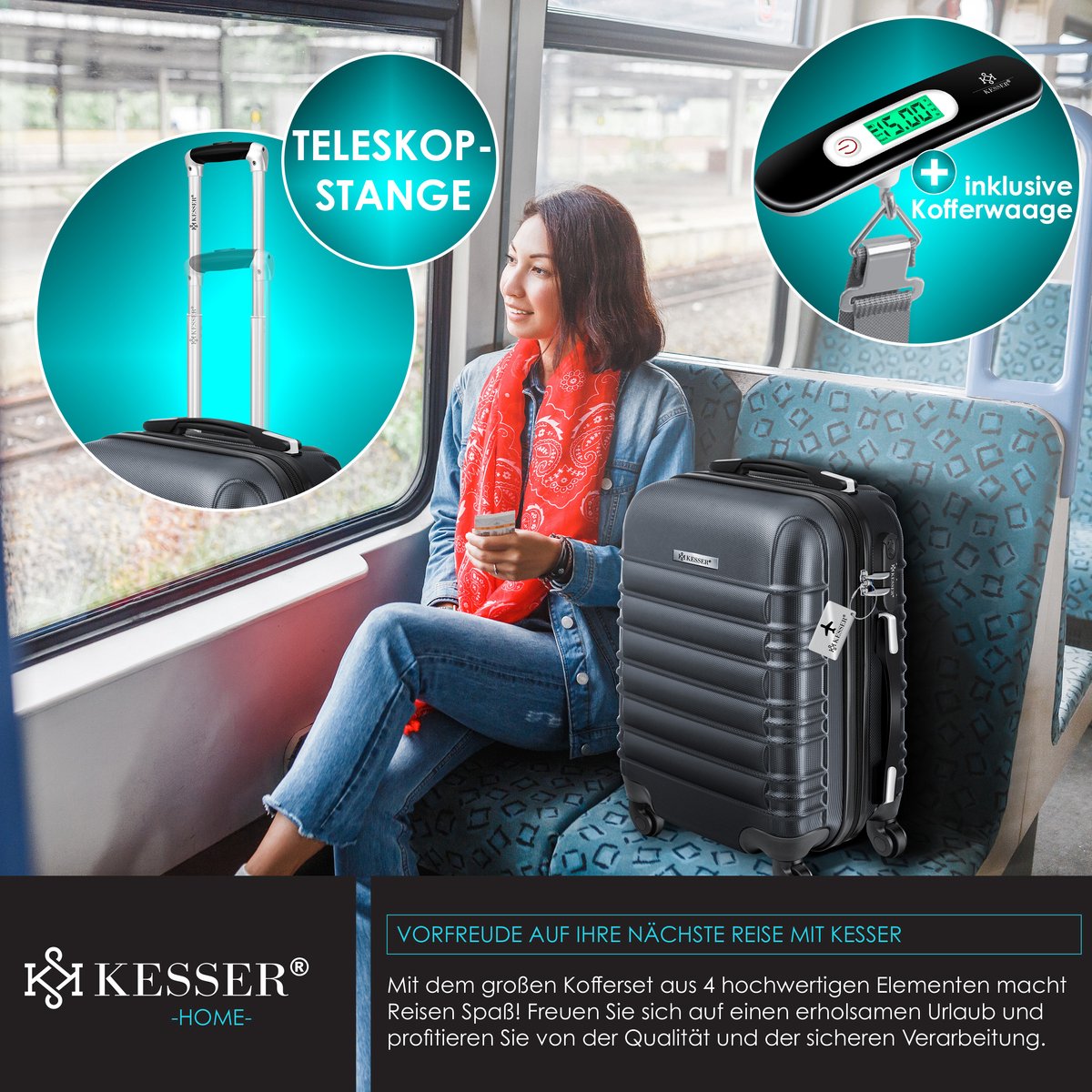KESSER® Reiskofferset - 3-delig - ABS- Kofferset - Antraciet