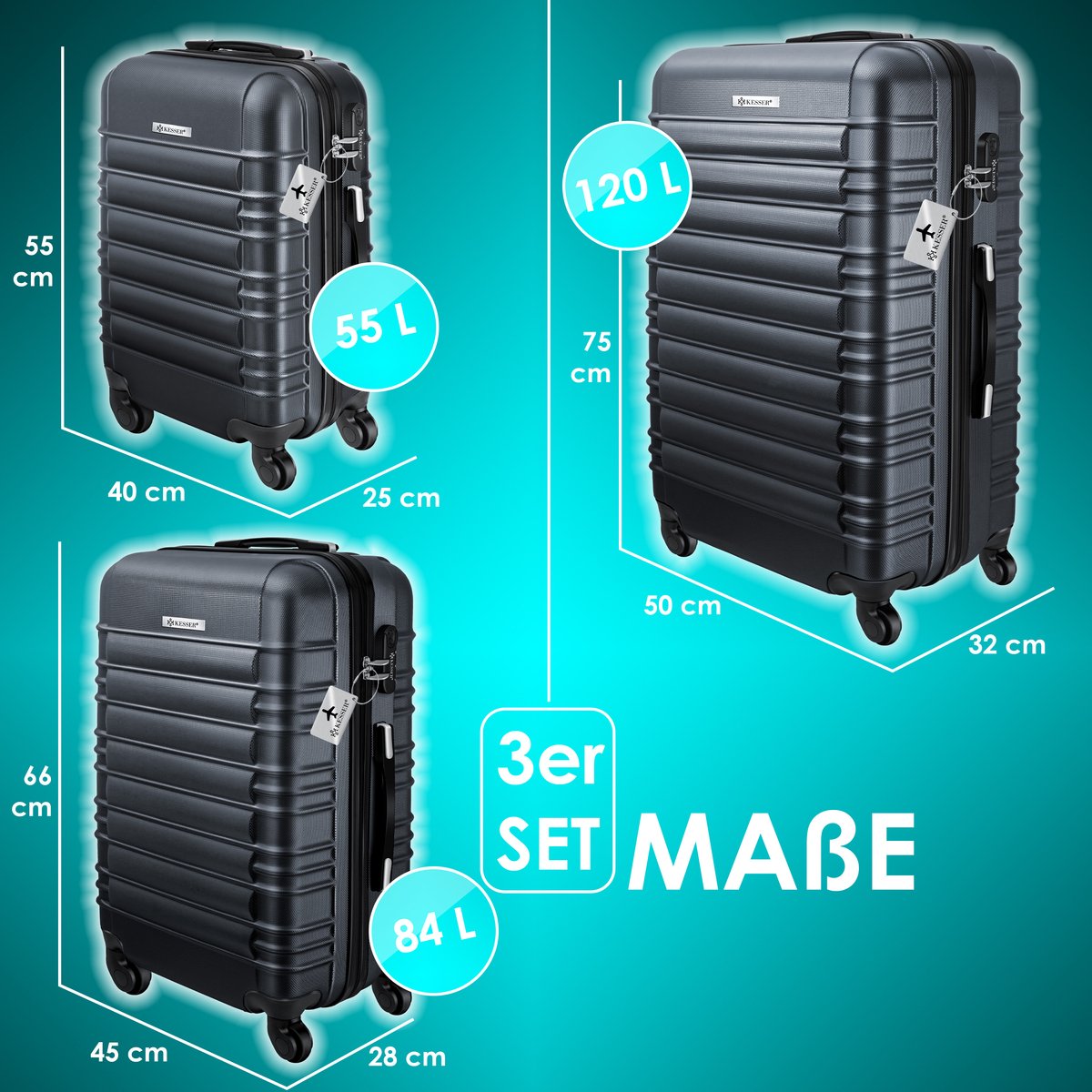 KESSER® Reiskofferset - 3-delig - ABS- Kofferset - Antraciet