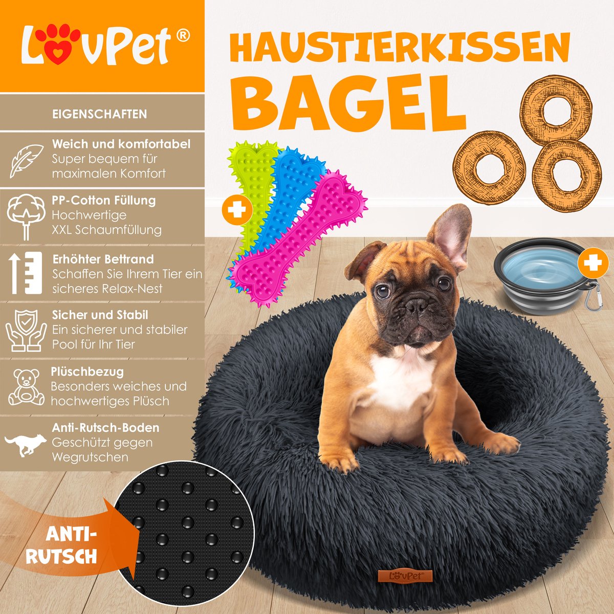 LOVPET® Hondenbed / Hondenmand / Hondenkussen Kattenbed Bagel, Afwasbaar, Incl. Kom + 3x Kauwbotjes, Hondenbank Pluche Kussen Rond Pluche Voor Kleine, Middelgrote & Grote Honden, Katten - 4XL (120 x 120 cm), Antraciet
