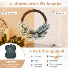 COSTWAY Kunstkerstkrans van 60 cm, met ledverlichting, met sneeuwbedekte dennenkrans met 35 warmwitte lampjes en 65 takken, kerstdecoratie, werkt op batterijen, voor binnen en buiten