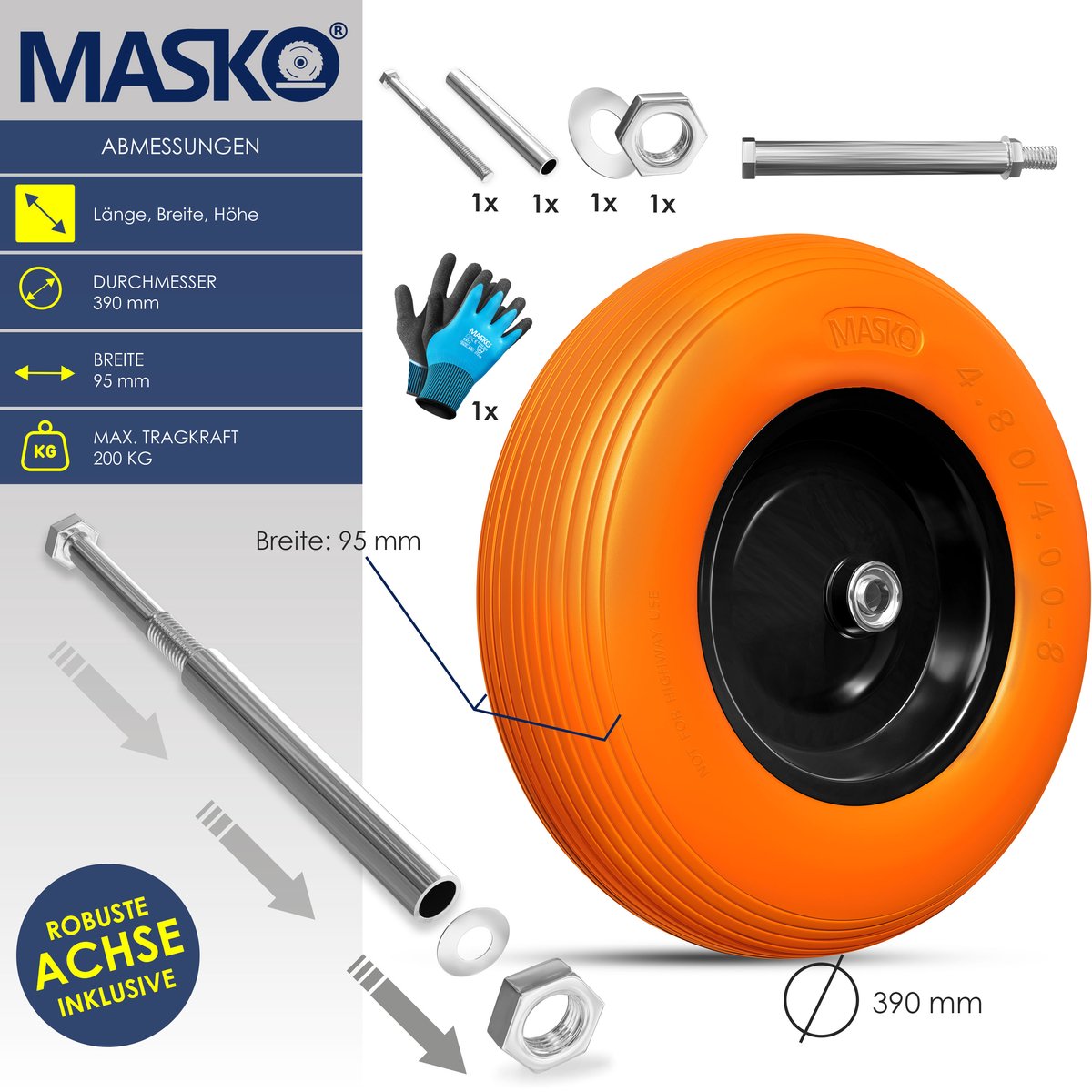 MASKO® Kruiwagenwiel Massief - 4.80/4.00-8 Ø 390mm - Oranje