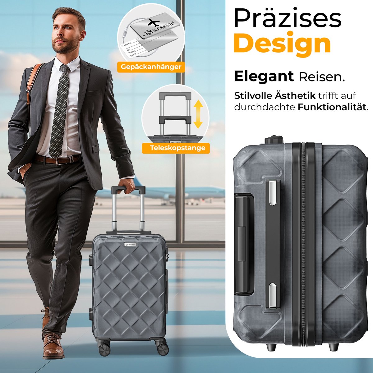 KESSER® Kofferset 4-delig | Reiskoffer met Wielen inclusief Paspoorthouder & kofferweegschaal & bagagelabel | Trolley Reiskofferset met groote Koffers & Handbagage / Ruimbagage - Charcoal
