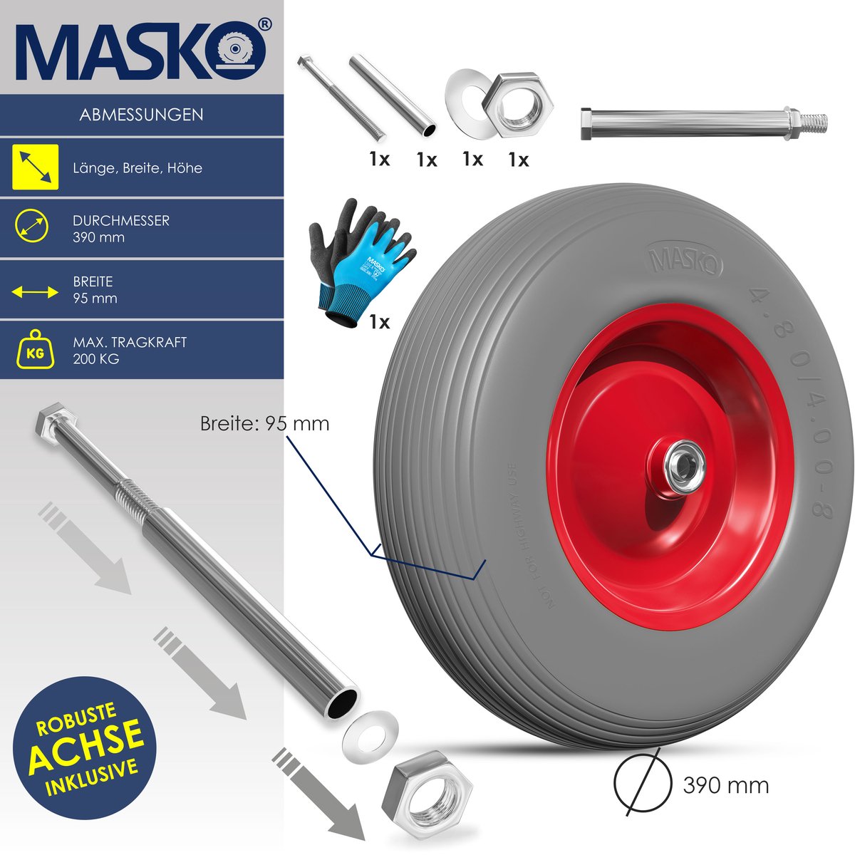 MASKO® Kruiwagenwiel Massief - 4.80/4.00-8 Ø 390mm - Grijs