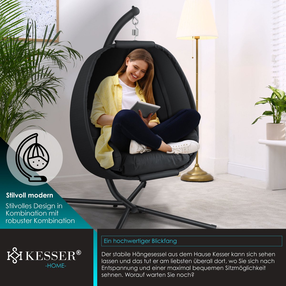 KESSER® Egg Hangstoel met Standaard - Tot 150kg - Antraciet