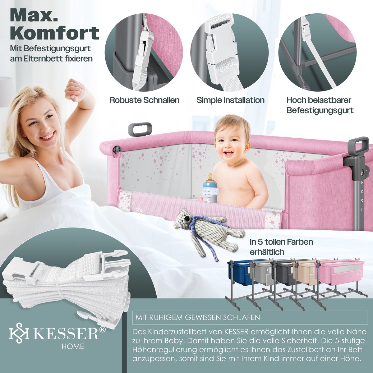 KESSER® Ledikant / Co-Sleeper / Babybed / Co Sleeper Wieg Hubi 3in1 Reisbed Babybed met zachte matras, met wielen, 5-voudig in hoogte verstelbaar, inklapbare zijwand voor thuis en onderweg - Roze
