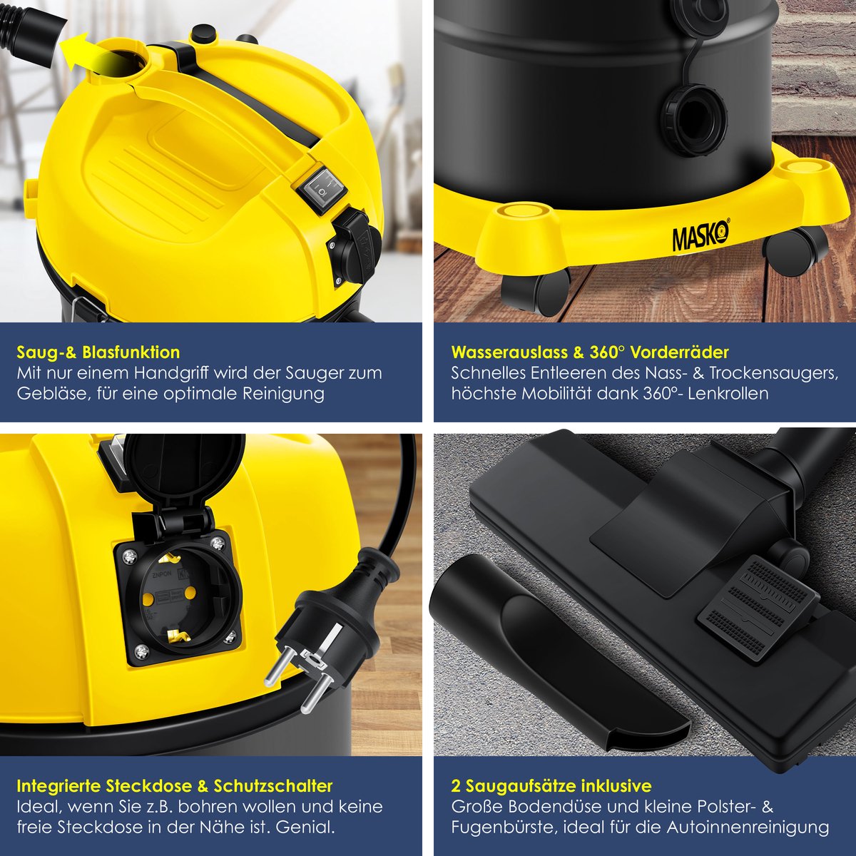 MASKO® Industriële stofzuiger 2300W - Droog- & Natzuigen - Geel