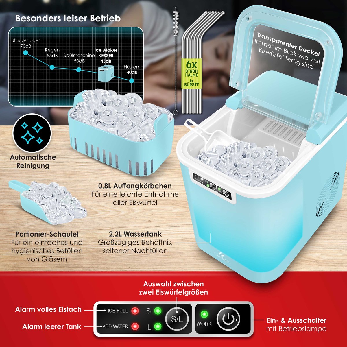 KESSER® Ijsblokjesmaker - Ijsblokjesmachine -12kg/24 uur - RVS - Blauw •
