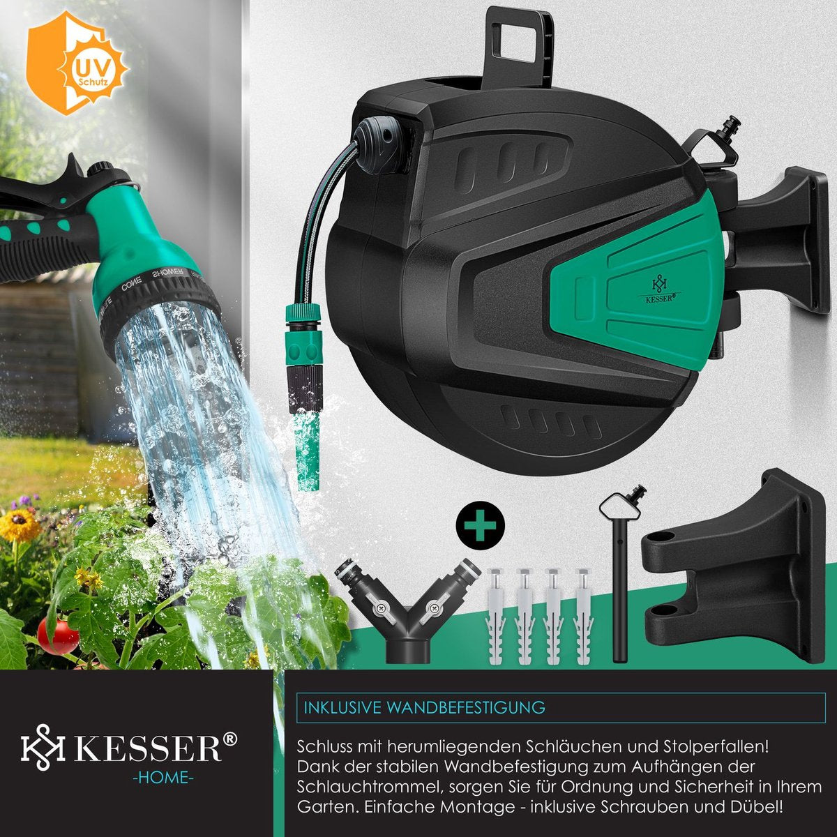 KESSER® Tuinslanghaspel Automatische Wandslangenbox inclusief 30 meter Tuinslang en Muurbevestiging - Blauw
