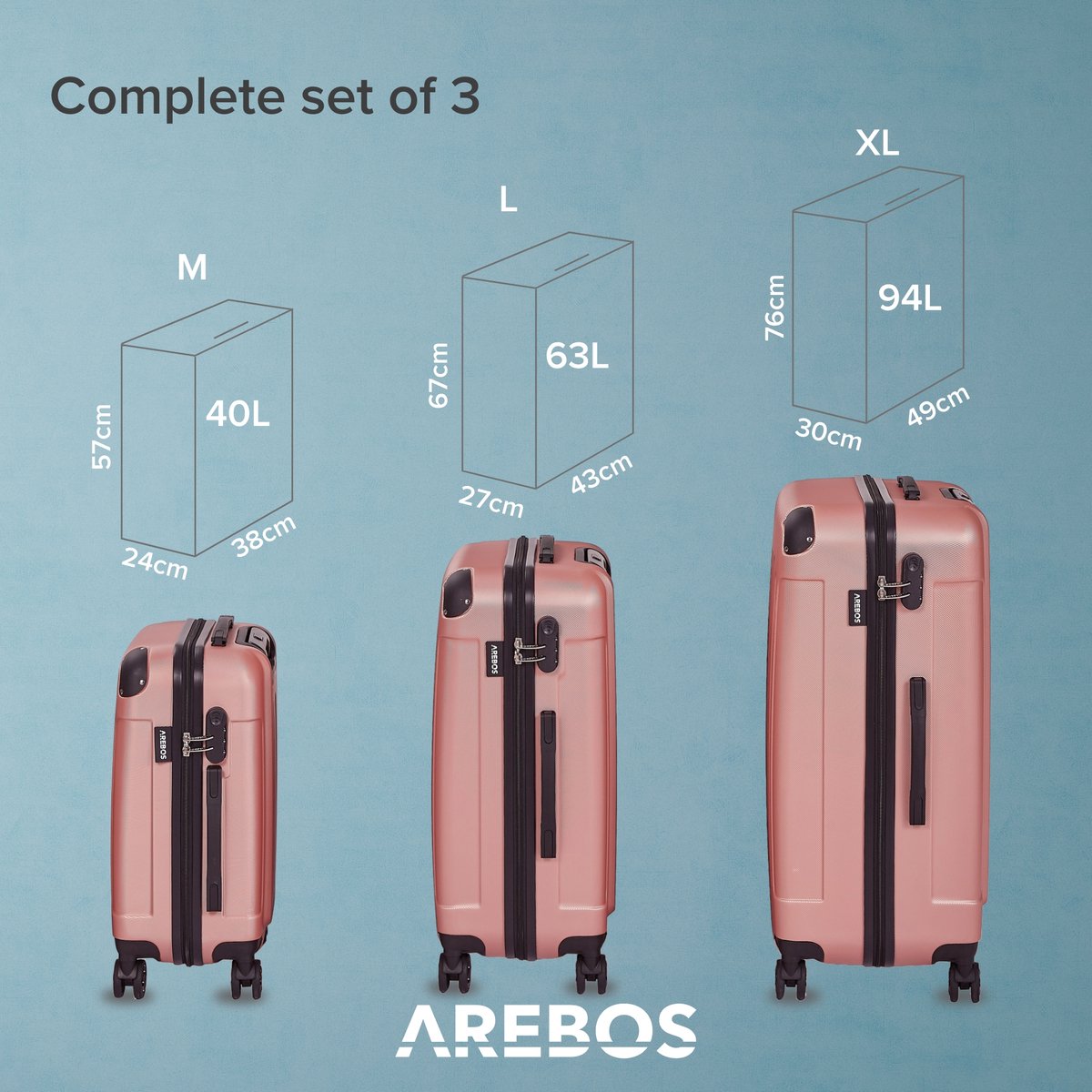 AREBOS Kofferset - Kofferset 3 delig - Reiskoffer set - 360° zwenkbare wielen - M-L-XL - Rosé Goud