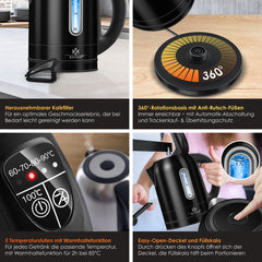 Waterkoker met temperatuurregeling - RVS - 1.7L - 2200W - Zwart