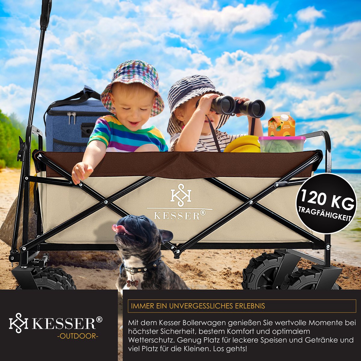 KESSER® Bolderkar opvouwbaar Bolderwagen tot 120 kg draagvermogen - Strandkar Transportkar - Beige
