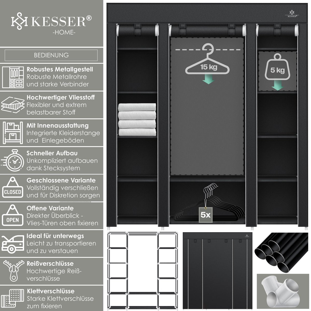 KESSER® Kledingkast - Opvouwbaar - 150x45x175cm - Zwart