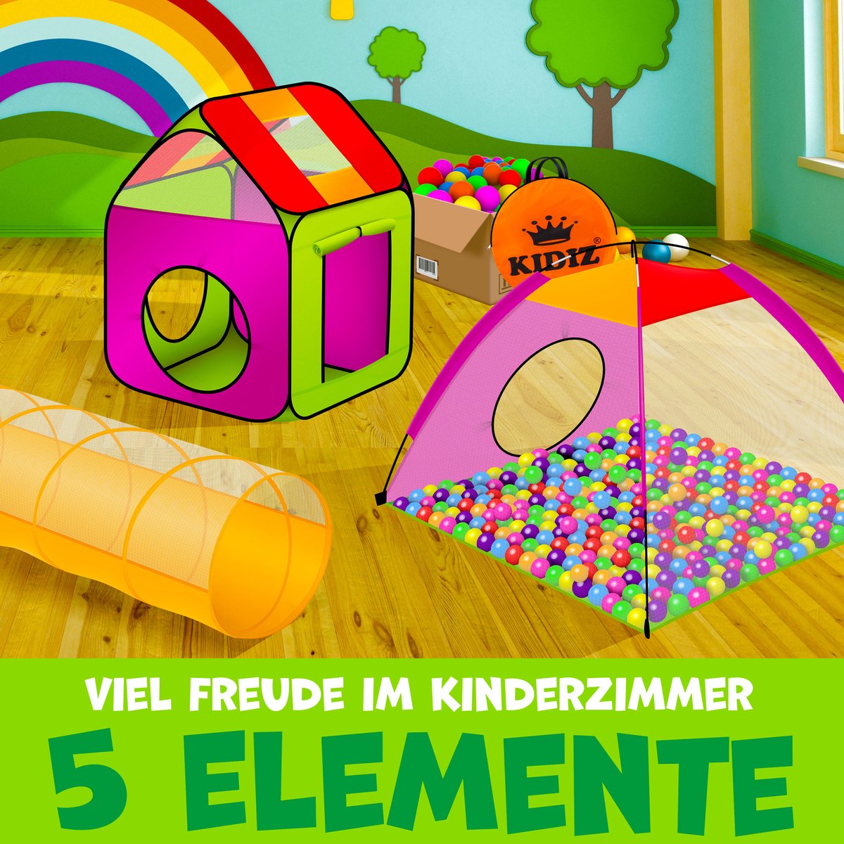 KIDIZ® Ballenbak Speeltent - Kindertent met 200 ballen - Ballenbad Speelhuis - Ideaal voor huis & tuin - Tunnel - XXL
