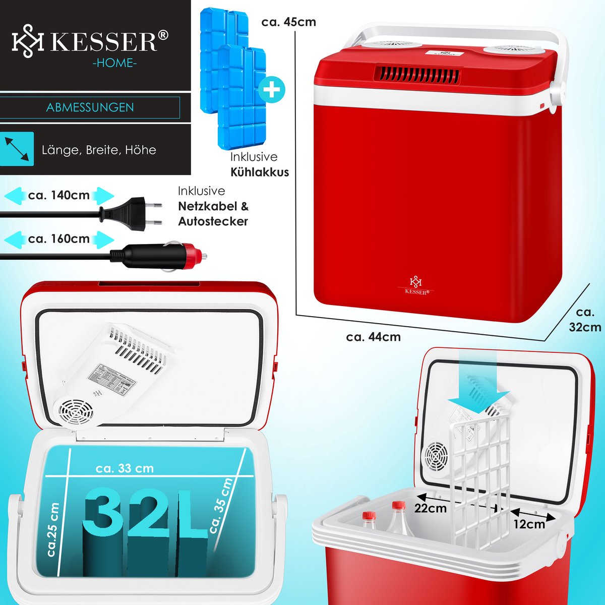 Koelbox Elektrisch – 12V en 230 volt - Coolbox - Frigobox - 32L – Rood