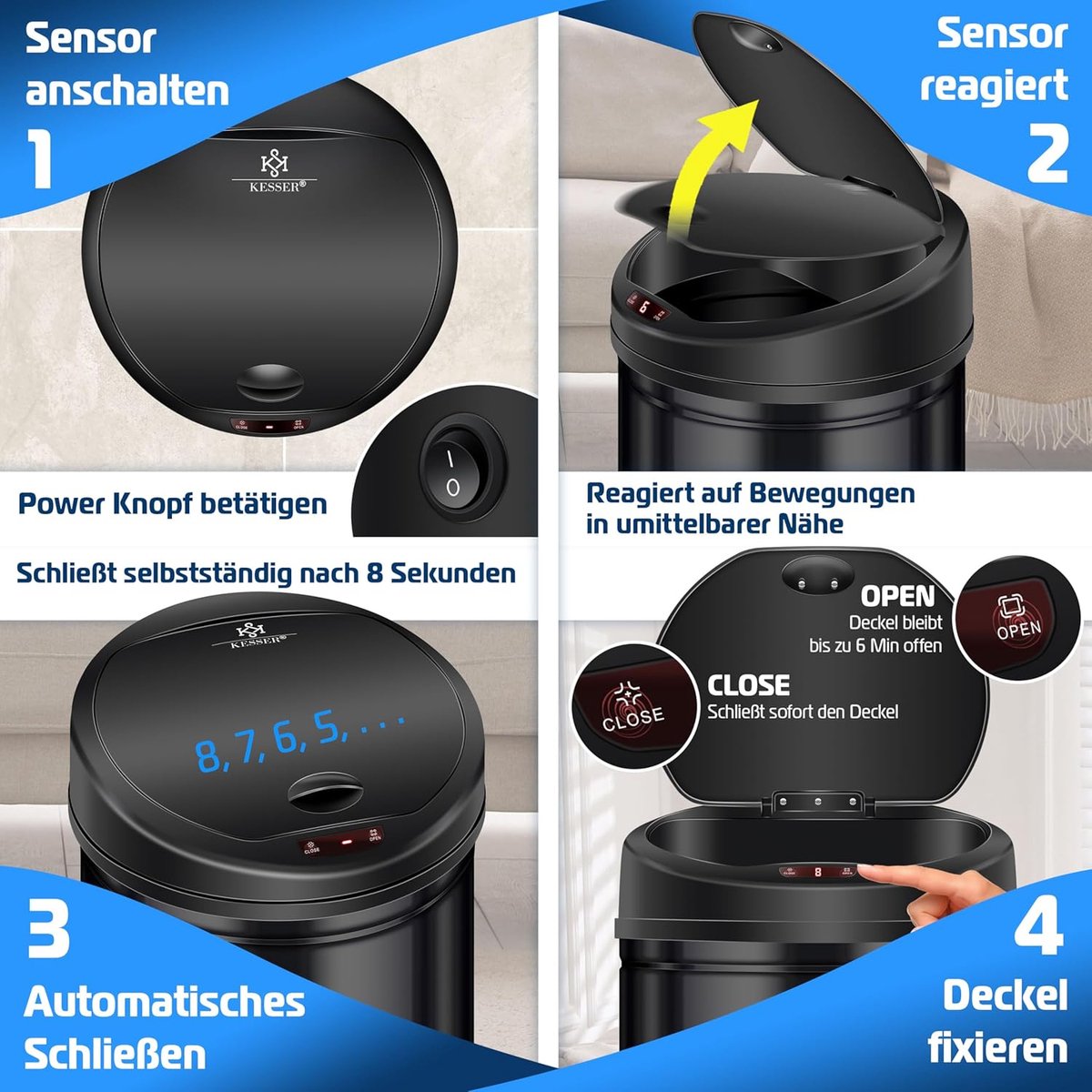 KESSER® Sensor Prullenbak - Afvalbak - Vuilnisbak - 56L - Zwart
