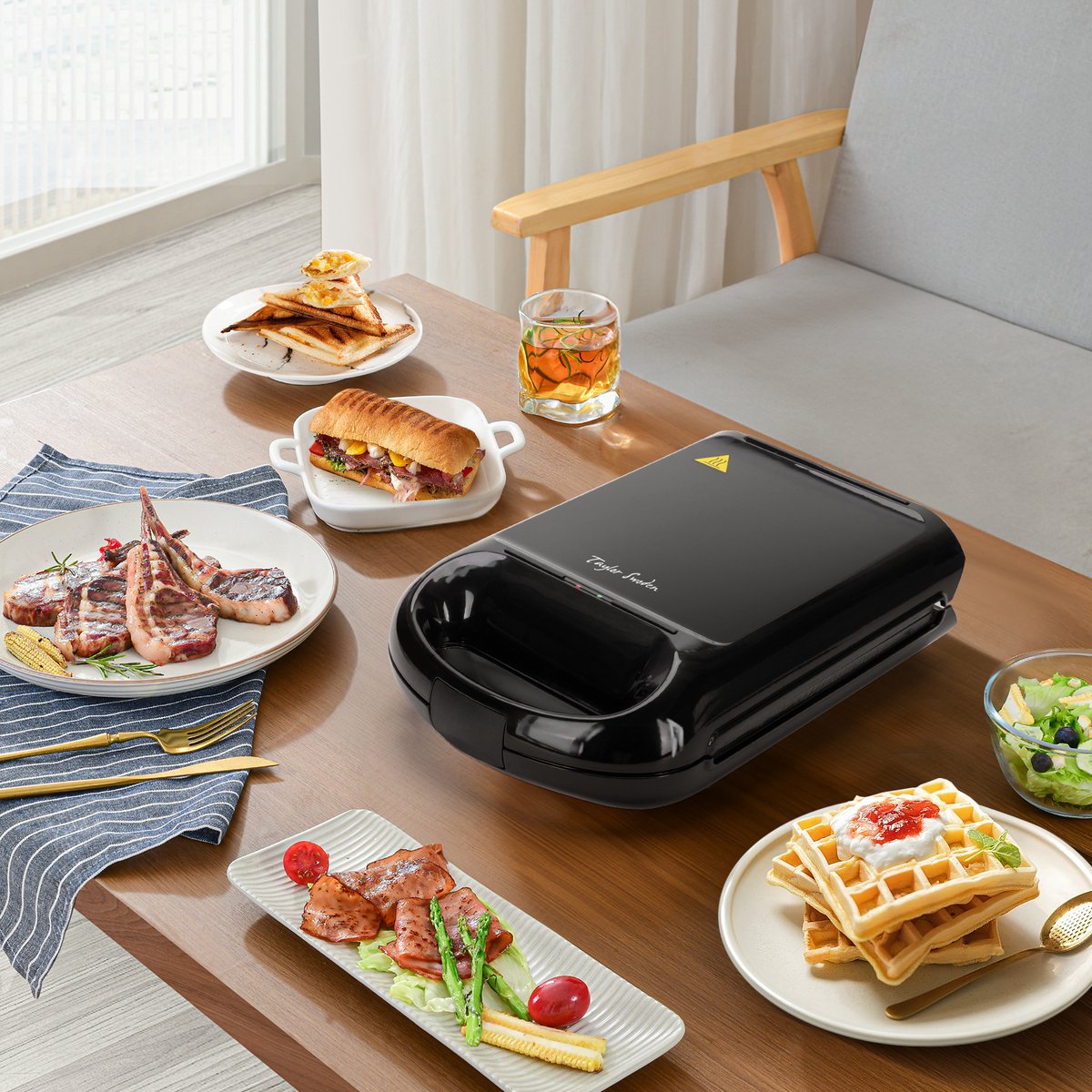 Tosti apparaat - Tosti ijzer - Contactgrill - Wafelijzer - 1200W - Zwart - Taylor Swoden
