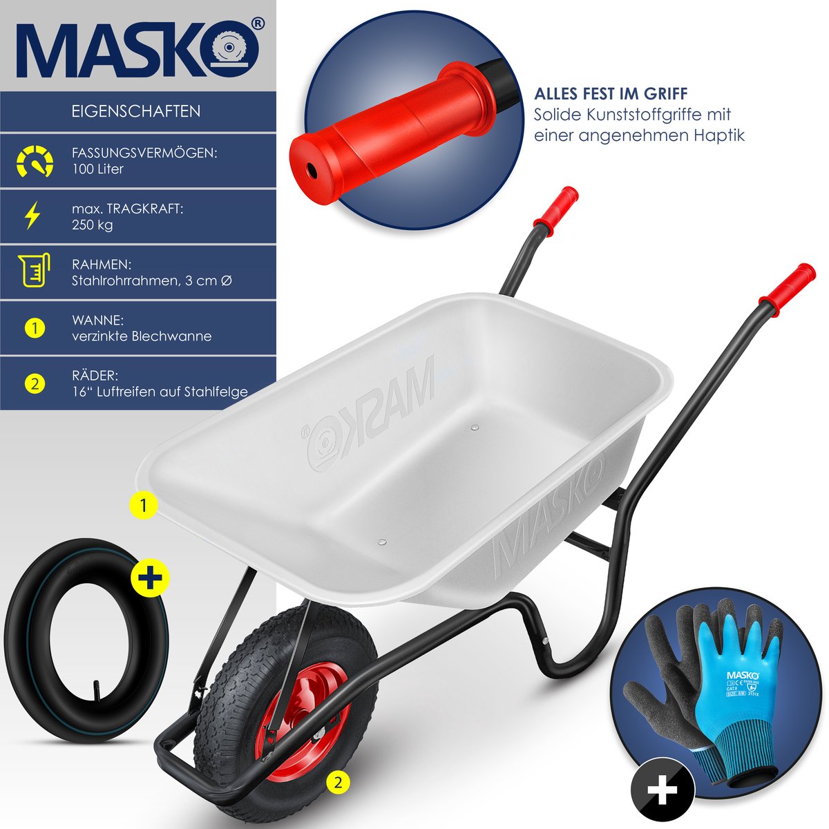 MASKO® Kruiwagen - 100L - Tot 250kg - Zilver