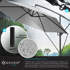 KESSER® Zweefparasol met voet  - Ø 3m - 360° Draaibaar  - Lichtgrijs