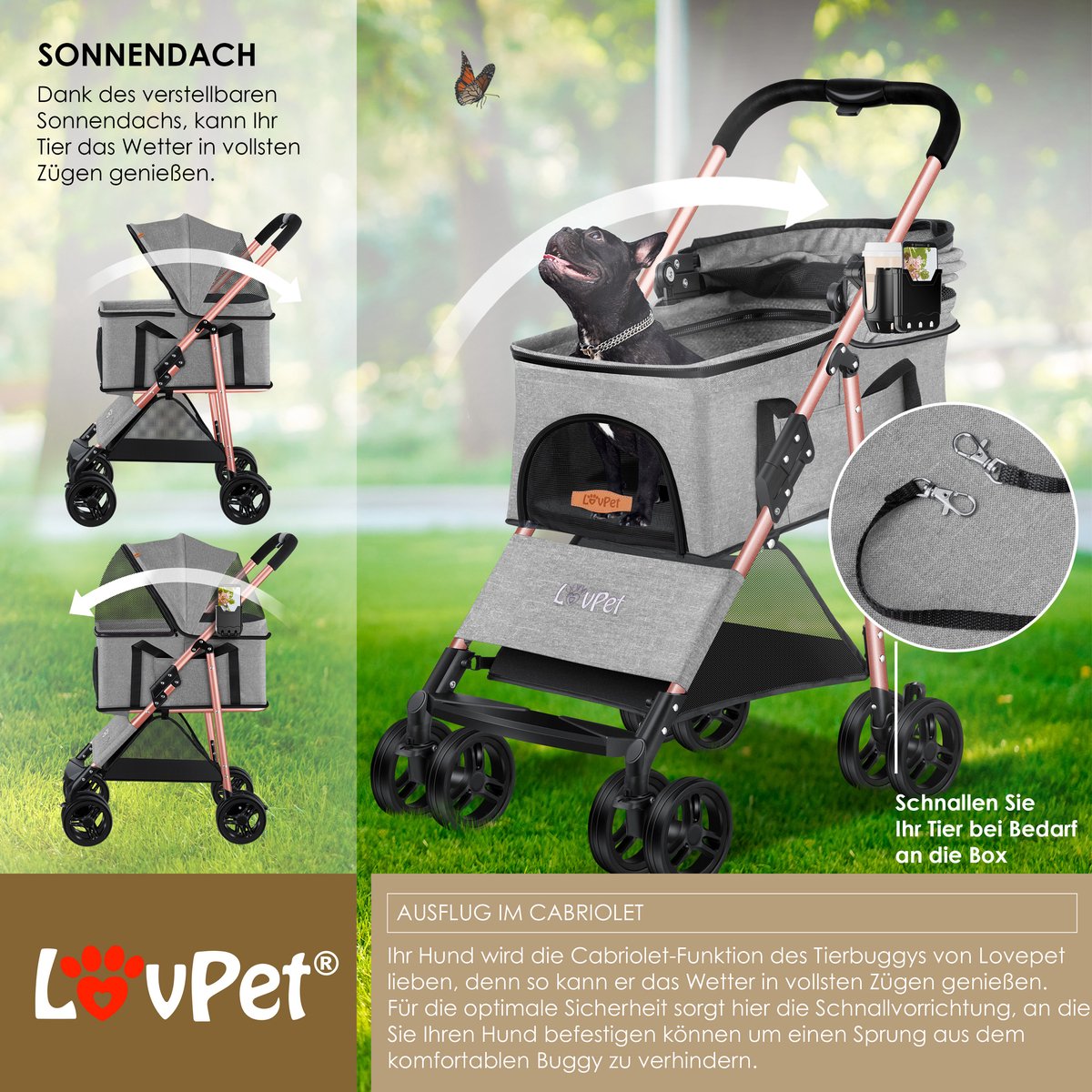 LOVPET® Hondenbuggy 2in1 Huisdieren - Wandelwagen - Lichtgrijs
