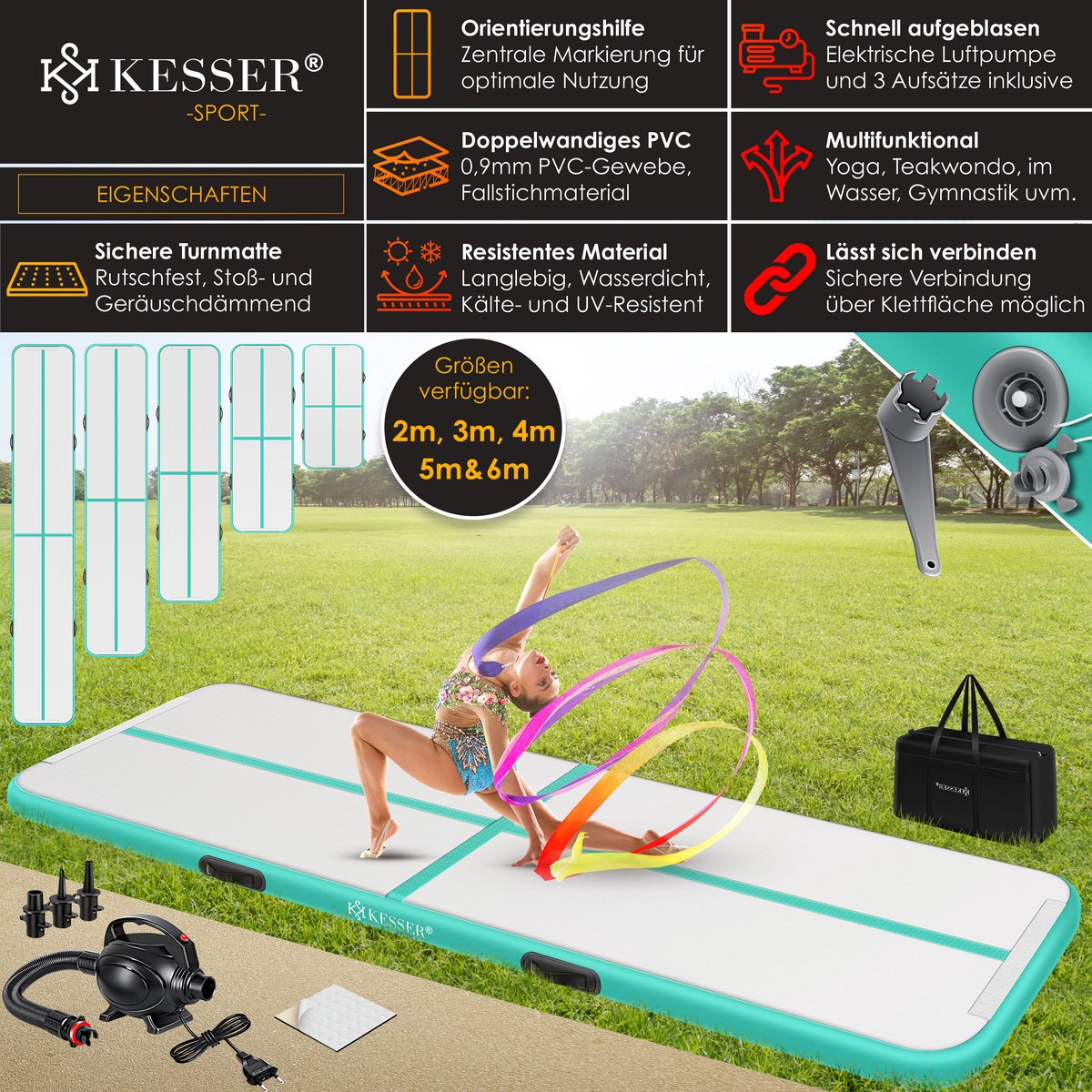 KESSER® Gymnastiekmat - Airtrack - Turnmat - 3M - Mintgroen