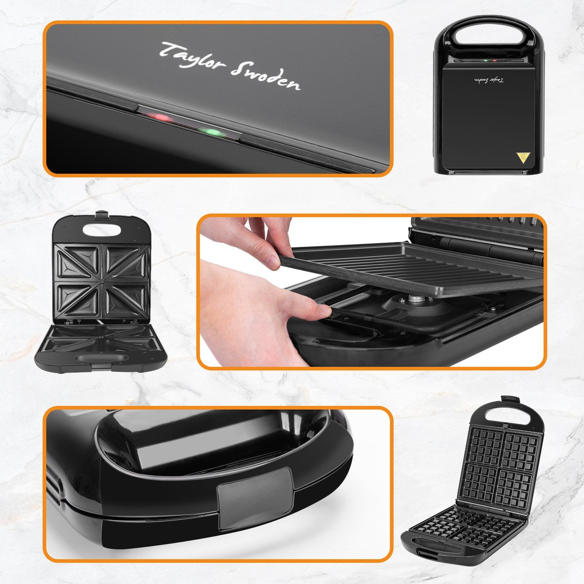 Tosti apparaat - Tosti ijzer - Contactgrill - Wafelijzer - 1200W - Zwart - Taylor Swoden