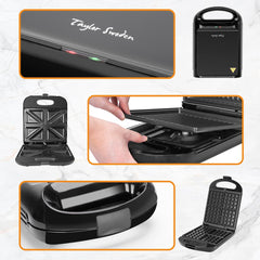 Tosti apparaat - Tosti ijzer - Contactgrill - Wafelijzer - 1200W - Zwart - Taylor Swoden