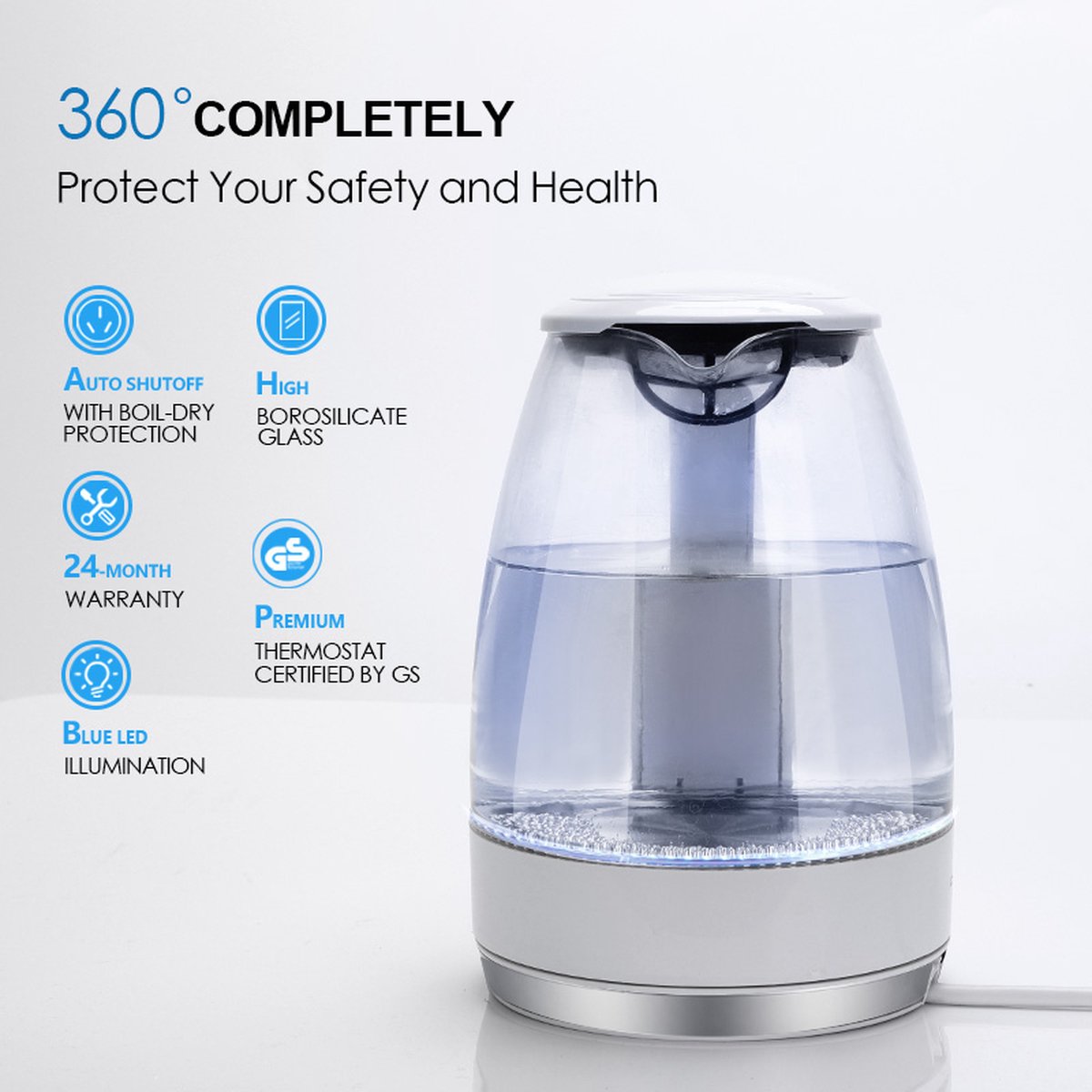 Aigostar Eve 30GON - Glazen Waterkoker met LED - 1,7L - 360° draaibaar - Blauw LED verlichting - 2200W - Wit