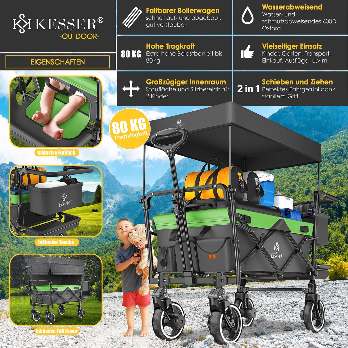 KESSER® Bolderkar GTS-9100 opvouwbaar met Dak tot 80 kg draagvermogen - Antraciet / Neongroen