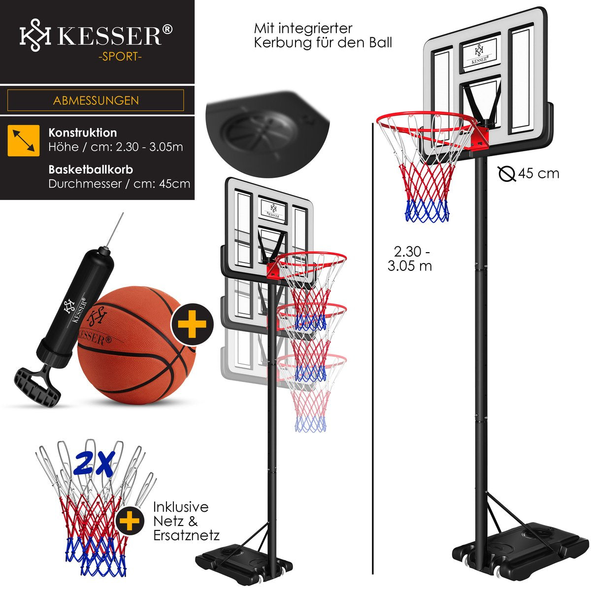 KESSER® Basketbalpaal - Basketbalstandaard - Verstelbaar - 230cm-305cm - Wit