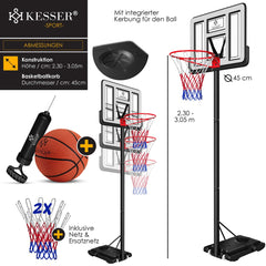 KESSER® Basketbalpaal - Basketbalstandaard - Verstelbaar - 230cm-305cm - Wit