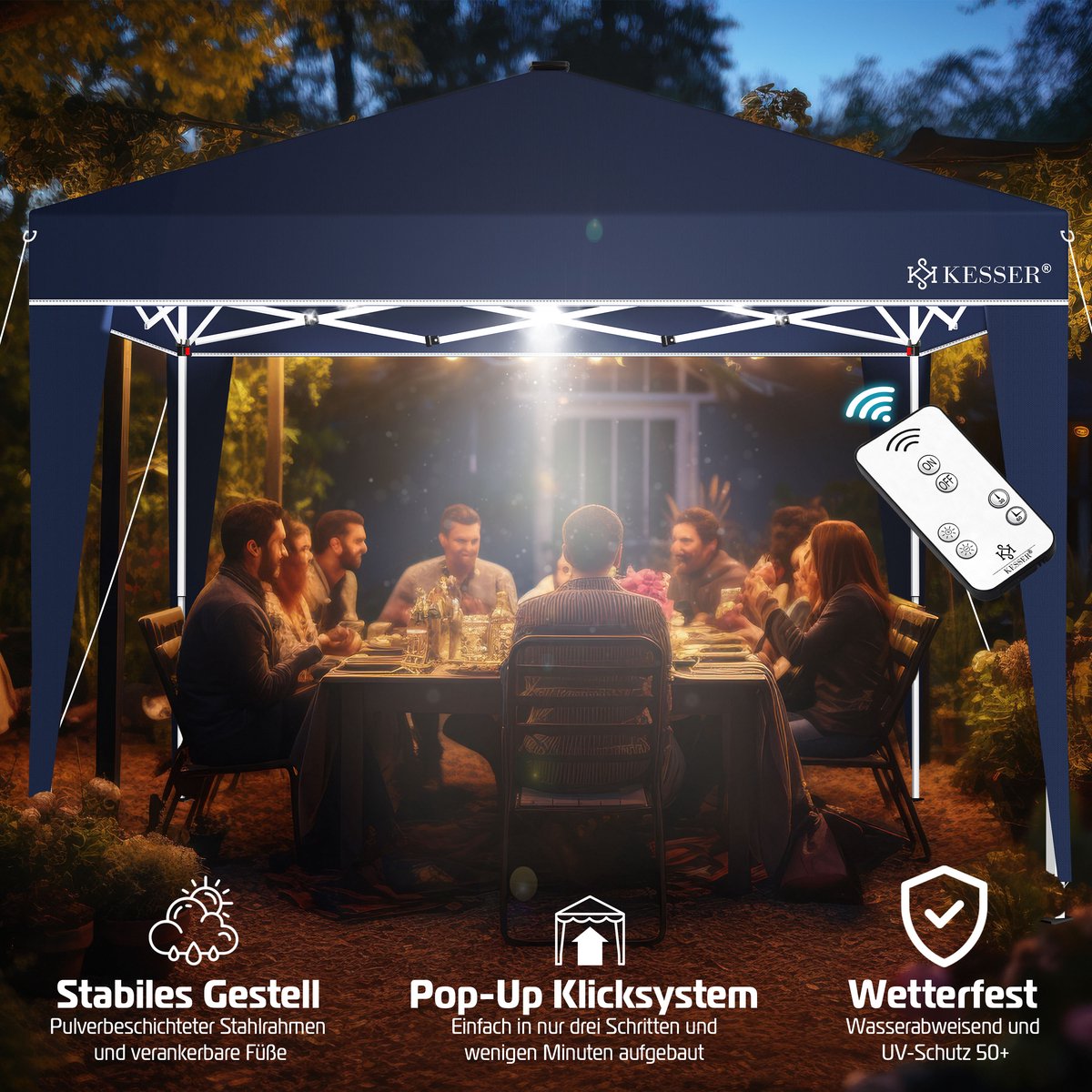 KESSER® Paviljoen 3x3m Tuinpaviljoen weerbestendig & Opvouwbaar met LED-verlichting op zonne-energie & UV-bescherming Inclusief transporttas & Afstandsbediening