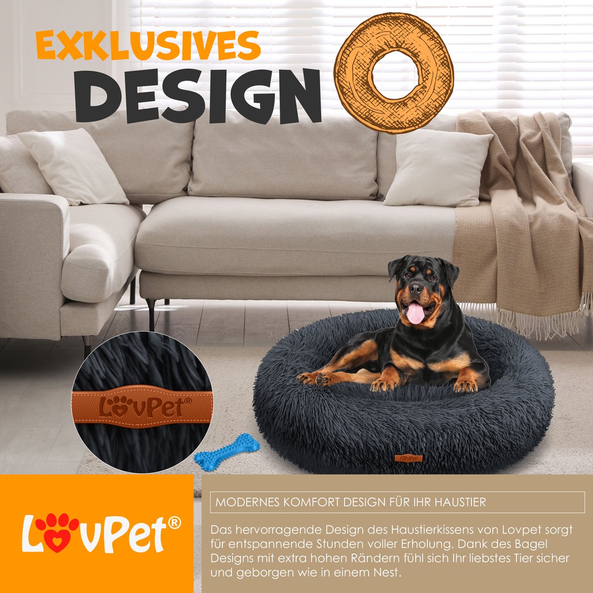 LOVPET® Hondenbed / Hondenmand / Hondenkussen Kattenbed Bagel, Afwasbaar, Incl. Kom + 3x Kauwbotjes, Hondenbank Pluche Kussen Rond Pluche Voor Kleine, Middelgrote & Grote Honden, Katten - 4XL (120 x 120 cm), Antraciet