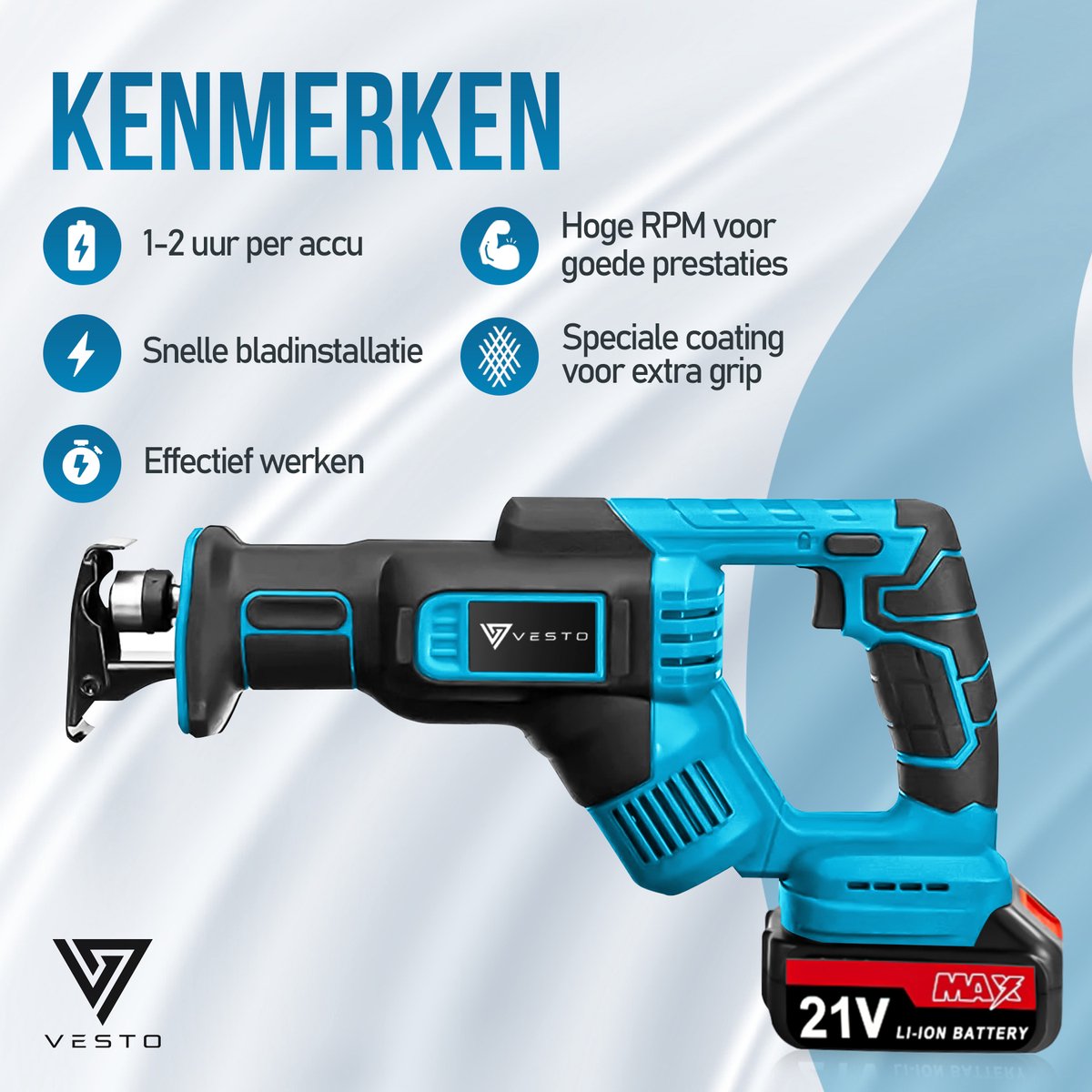 Vesto® Accu Reciprozaag – 21V Li-Ion – Incl. 2 Accu’s, Zaagbladen & Koffer – 25mm Slag – Voor Hout, Metaal & Kunststof – Snelwisselsysteem – Draadloos